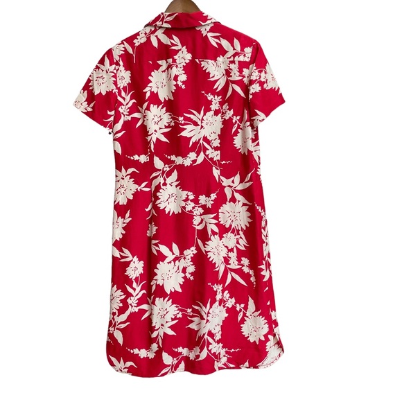 Liz Claiborne Floral Shirt Dress Button Front Red White Tropical Silk Linen 14 - Picture 4 of 4